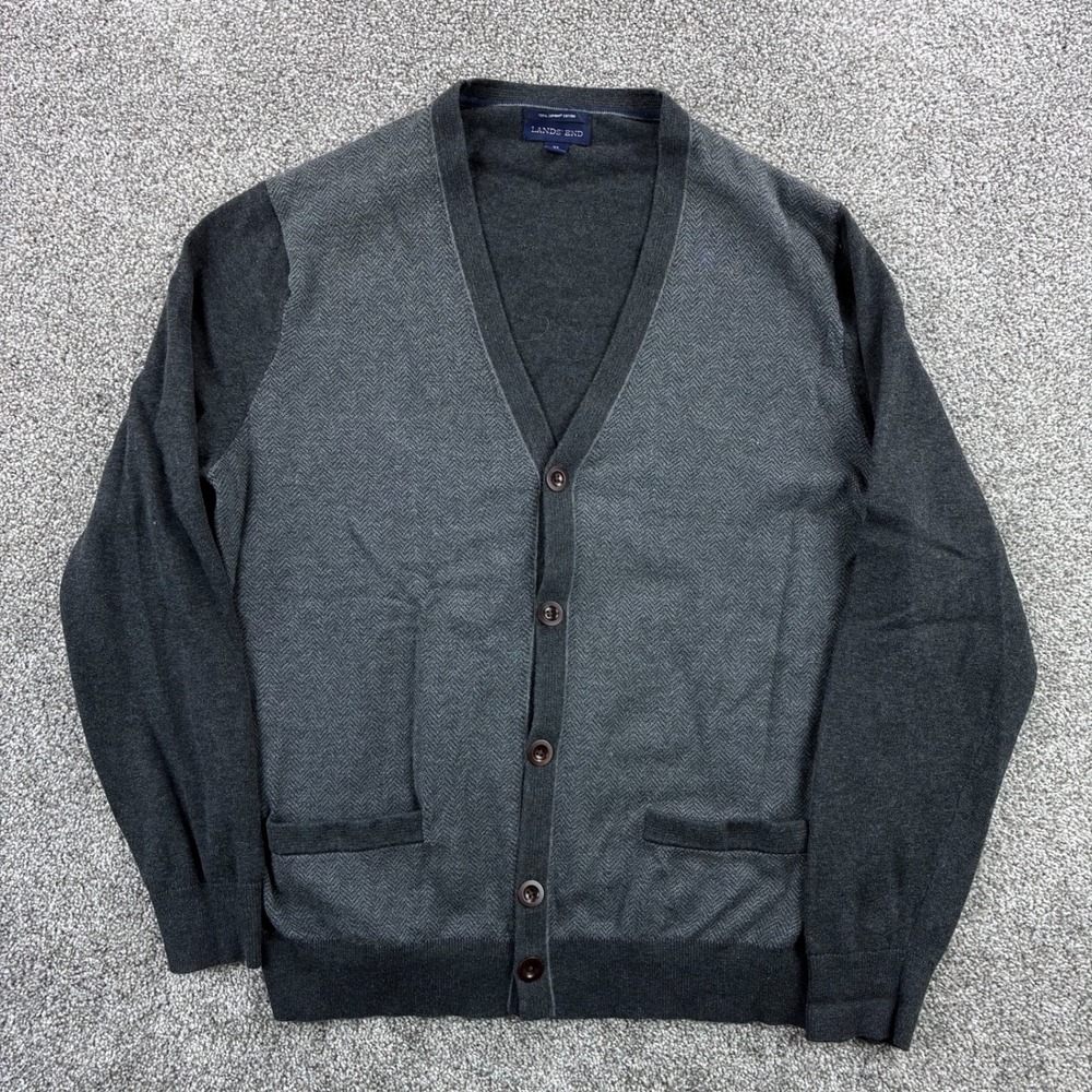 Lands End Cardigan Sweater Mens XL Gray Supima Cotton Herringbone Knit Button